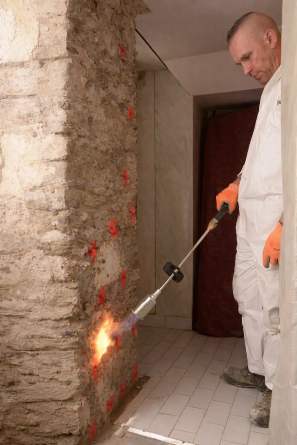 Traitement contre la mérule sur mur en pierre par un professionnel à Ouest Anjou